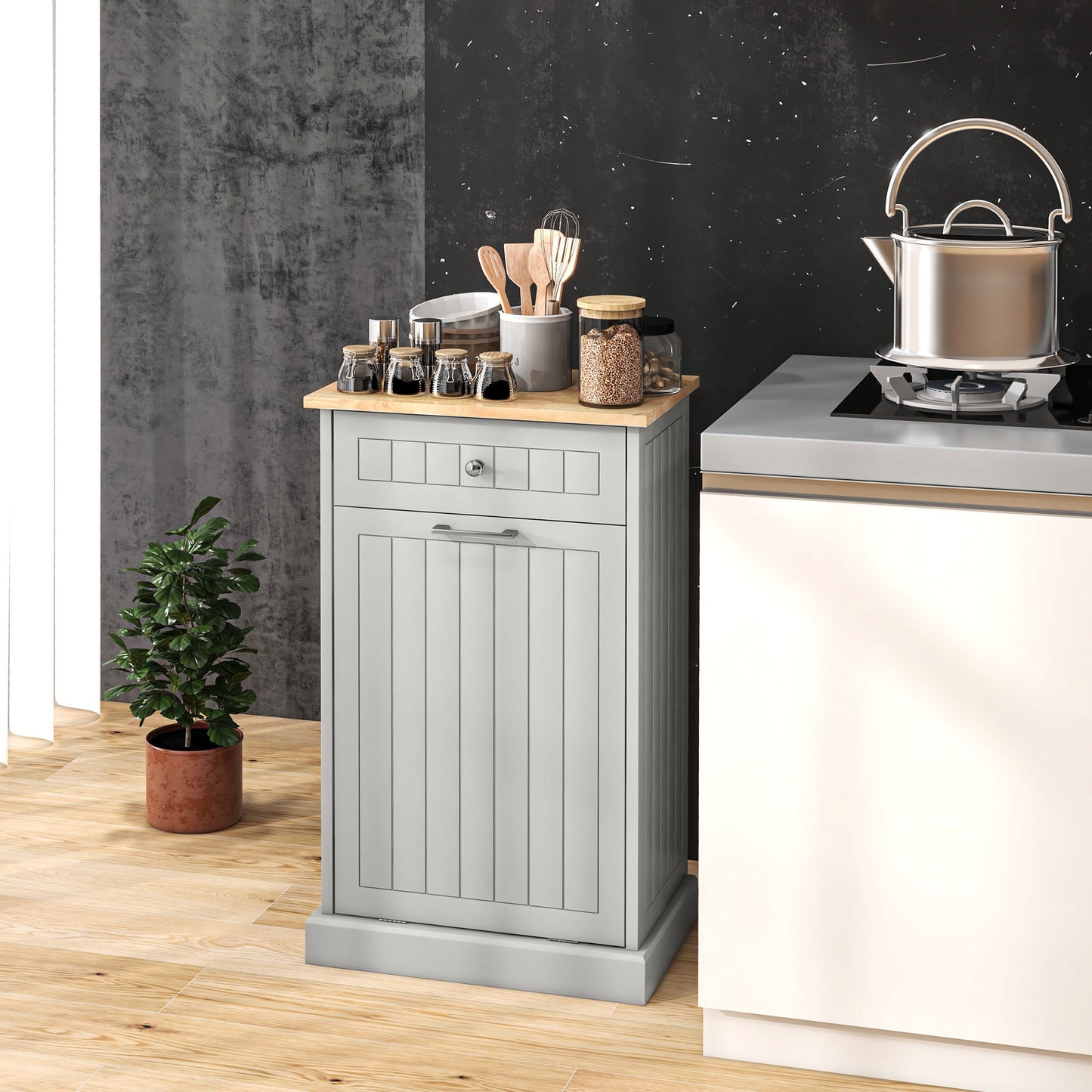 HOMCOM Kitchen Tilt Out Trash Bin Cabinet Free Standing Recycling Cabinet Trash Can Holder With Drawer, Gray