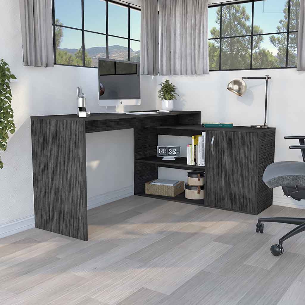 Contemporary L-Shaped Workstation Desk with Mixed Storage Options - Smokey Oak