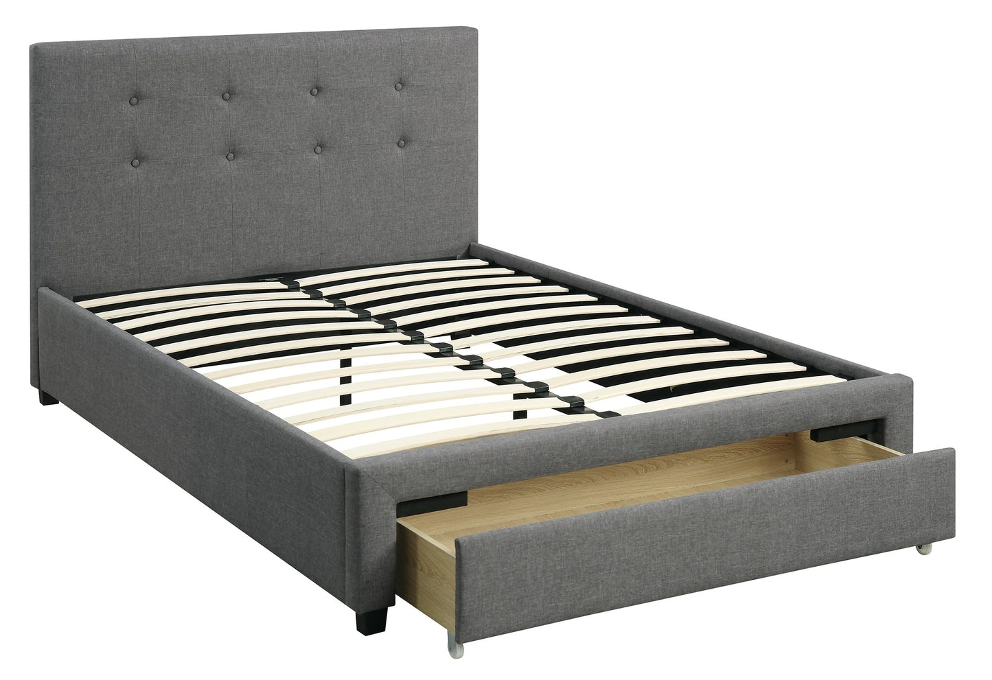 Elegant Grey Polyfiber Queen Size Bed with Tufted Headboard and Storage Drawers