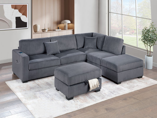 3-Piece L-Shaped Sectional Sofa Set with Reversible Chaise, USB, Storage Ottoman, Corduroy Dark Gray