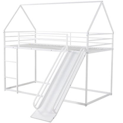 House-Themed Twin Over Twin Bunk Bed with Fun Slide and Ladder in White