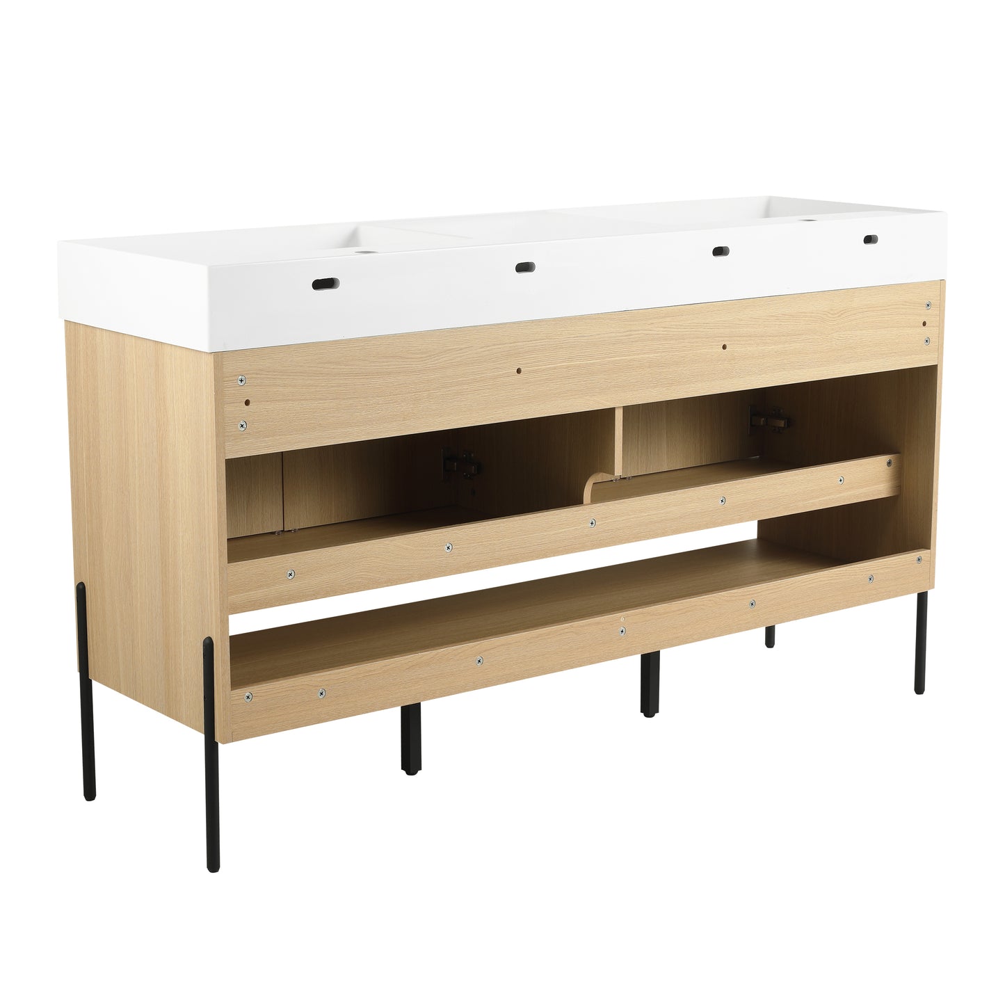 60-Inch Modern Oak Bathroom Vanity Set with Single Resin Sink and 4-Door Storage Cabinet