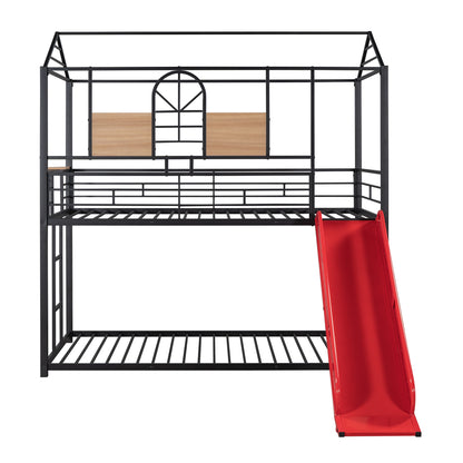 Twin Over Twin Metal Bunk Bed with Fun Slide – Available in Three Chic Colors (Black/Red, Black/Black, White/White)