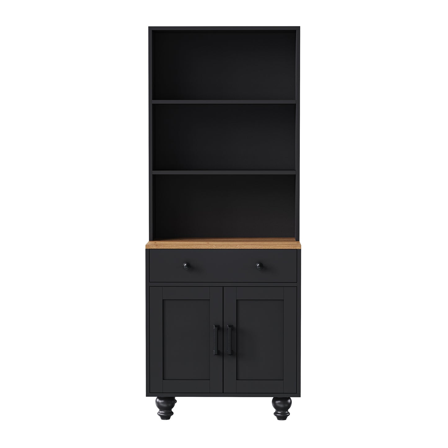 Elegant Black Farmhouse Storage Cabinet with Adjustable Shelves and Gourd-Shaped Legs, Versatile Kitchen Pantry and Bookshelf Solution