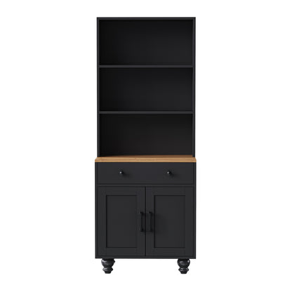 Elegant Black Farmhouse Storage Cabinet with Adjustable Shelves and Gourd-Shaped Legs, Versatile Kitchen Pantry and Bookshelf Solution