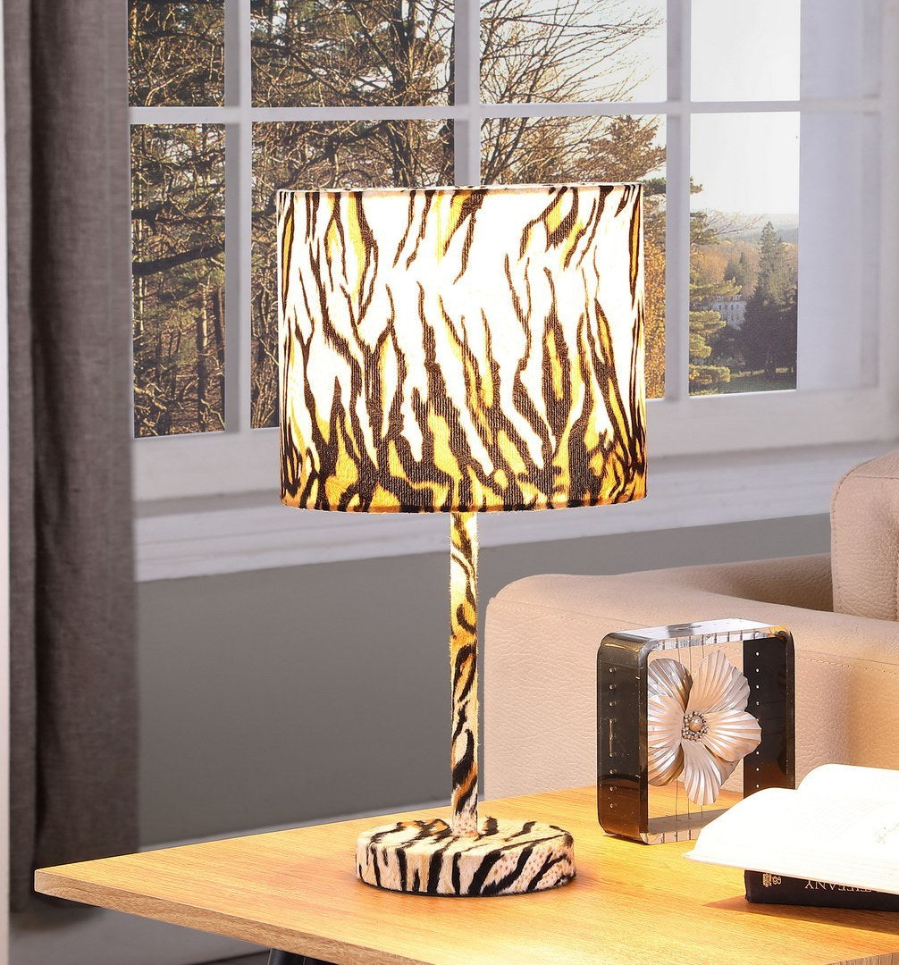19.25-Inch Metal Table Lamp with Faux Suede Drum Shade, E26 Socket, 60W Max, LED Compatible, Tiger Print
