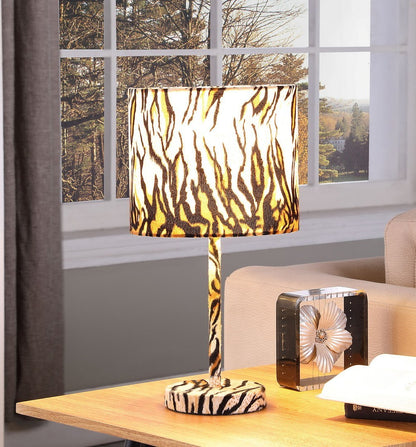 19.25-Inch Metal Table Lamp with Faux Suede Drum Shade, E26 Socket, 60W Max, LED Compatible, Tiger Print