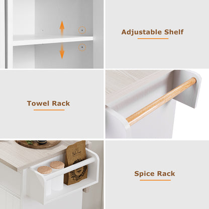 Rolling White Kitchen Island with Drop Leaf and Tilt-out Trash Can Storage, Spice Rack & Towel Rack