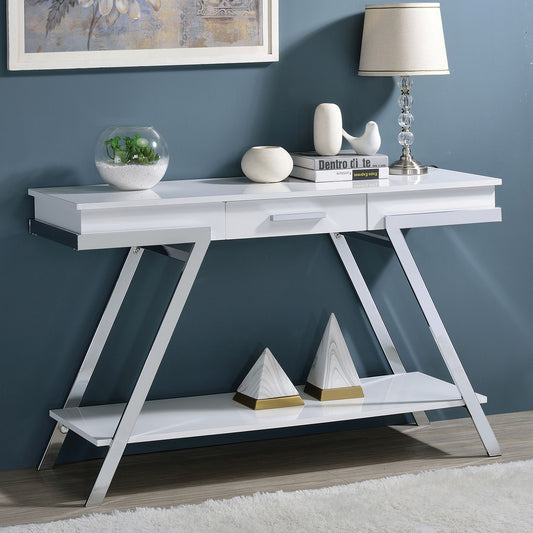 Chrome Frame Console Table, 47.5in L x 15.75in W x 29.5in H, Open Shelf Living Room 1-Piece White