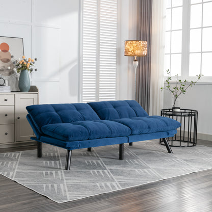 Modern Convertible Sofa Bed with Adjustable Backrest and Armrests, Velvet Upholstery, 70 in, Navy Blue