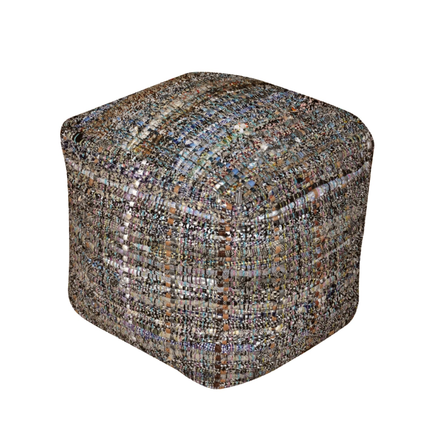 Handcrafted Fabric Pouf, 16x16 in, Recycled Denim & Paper Chindi, Bead-Filled, Polystyrene Beads, Khaki
