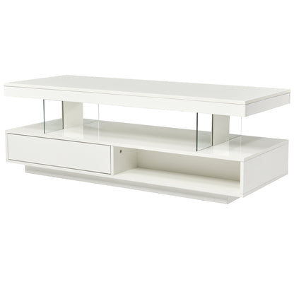 Modern LED Coffee Table with Storage, 51.2W x 19.7D x 17.9H, 2 Drawers, LED, High-Gloss Finish White