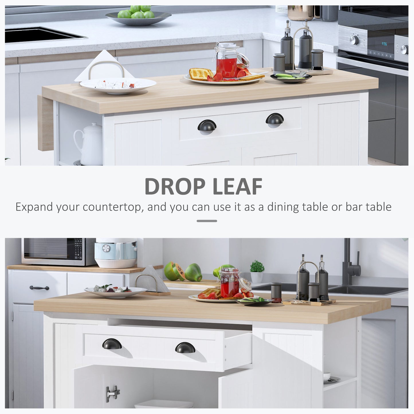 Modern White Fluted Wooden Kitchen Island with Drop Leaf, Drawer, and Open Shelves for Versatile Storage