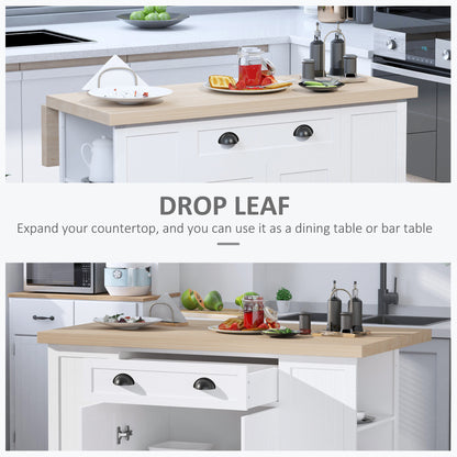 Modern White Fluted Wooden Kitchen Island with Drop Leaf, Drawer, and Open Shelves for Versatile Storage