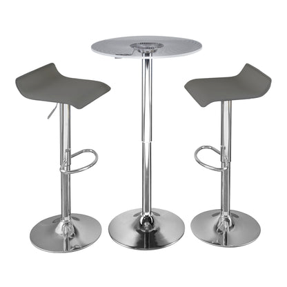 Contemporary Adjustable Bar Set, 3-Piece with Light-Up Tabletop, Metal and Acrylic Finish Grey