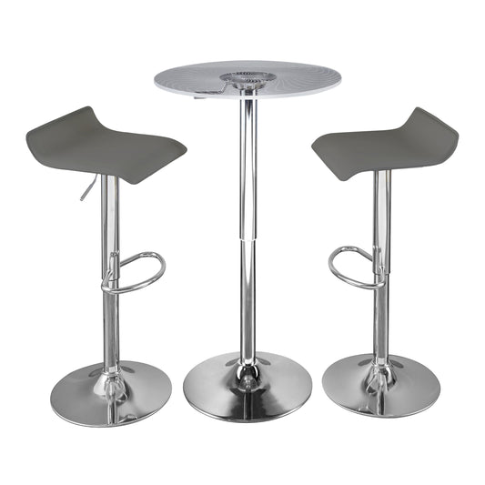 Contemporary Adjustable Bar Set, 3-Piece with Light-Up Tabletop, Metal and Acrylic Finish Grey