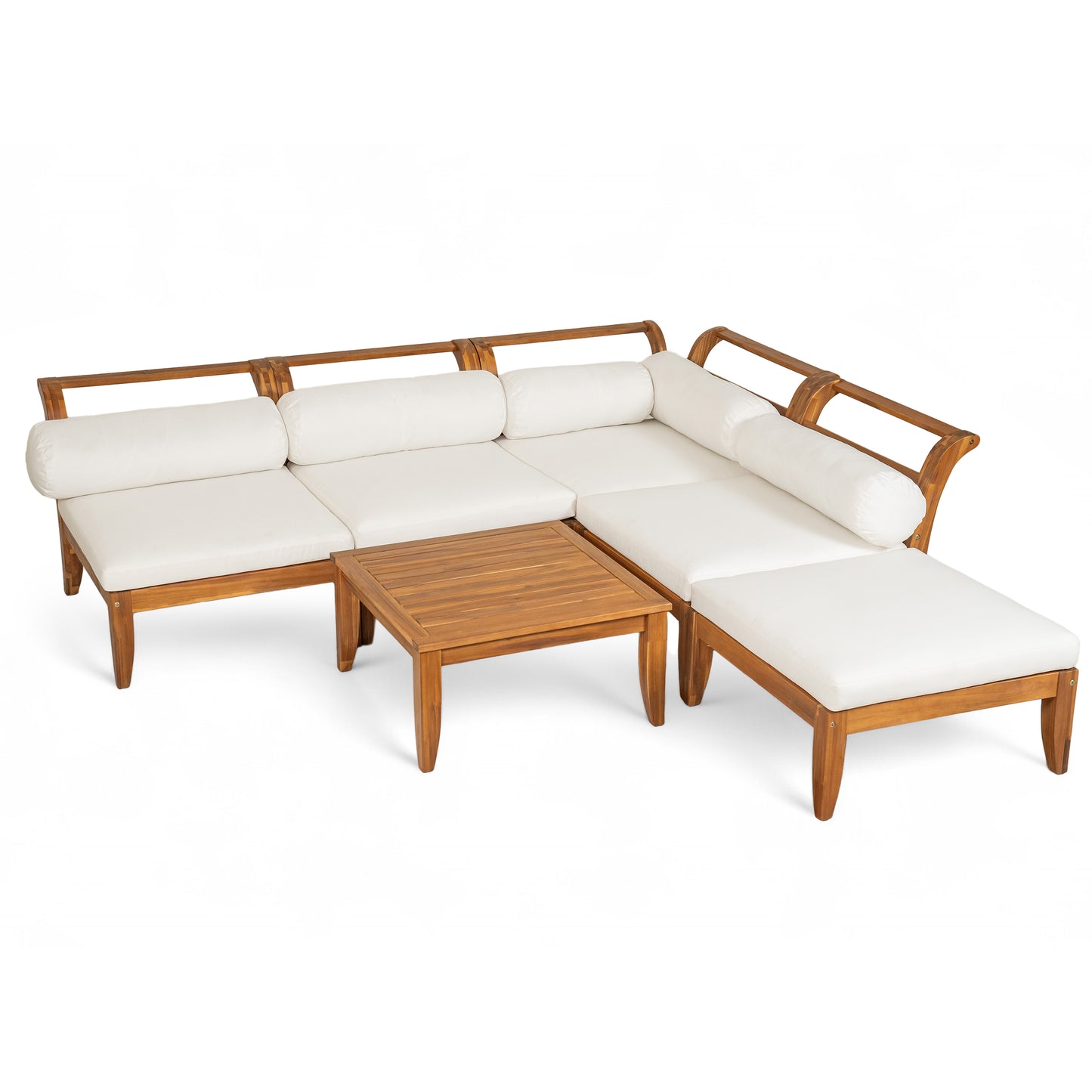 Acacia Wood Outdoor Modular Sectional Sofa Set With Daybed Tea Table Ottoman 5 Cushions Teak Beige Finish