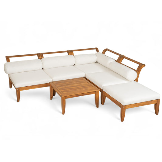 Acacia Wood Outdoor Modular Sectional Sofa Set With Daybed Tea Table Ottoman 5 Cushions Teak Beige Finish