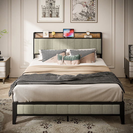 Modern Full Size Bed Frame with USB Charging, Upholstered Headboard, and Sturdy Metal Base in Grey