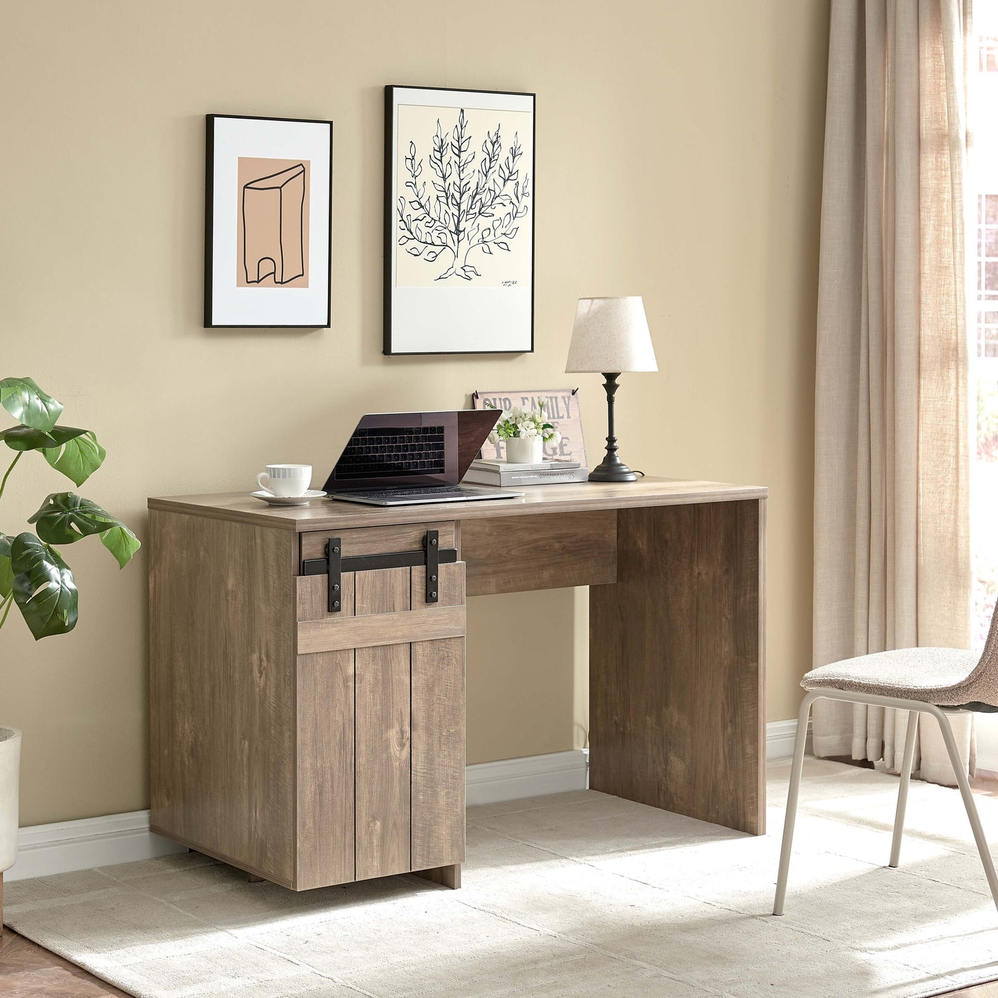 Farmhouse-Style Home Office Desk with Faux Barn Door, One Cabinet, and Three Adjustable Shelves in Hazelnut Finish