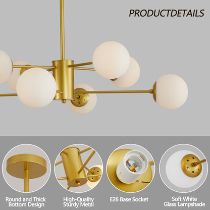 8-Light Modern Chandelier with White Glass Globes, Mid-Century Branching Iron Frame Ceiling Fixture Gold