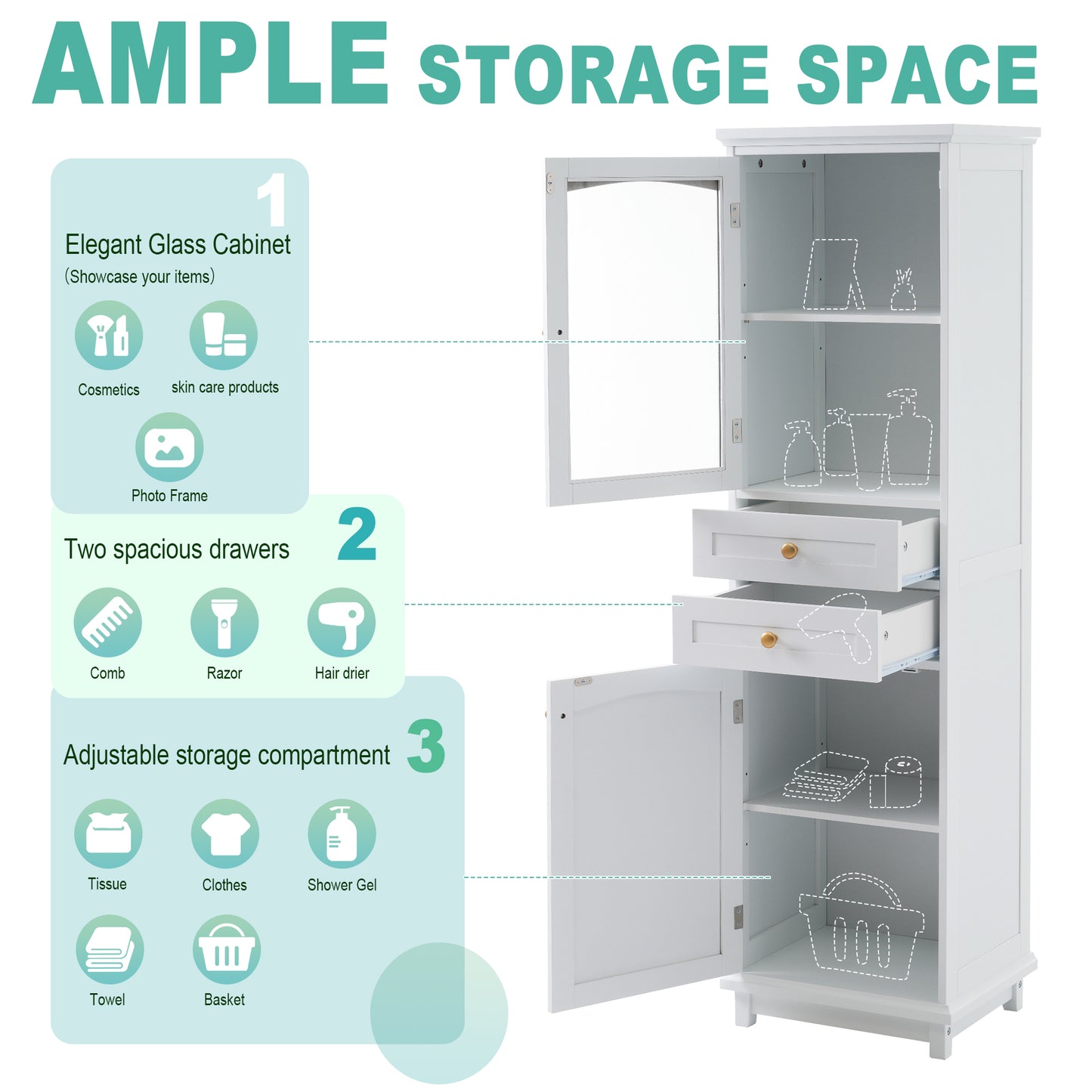 Elegant 63" Tall White Bathroom Storage Cabinet with Glass Doors, Two Drawers, Adjustable Shelves, and Anti-Tipping Design - Perfect for Organizing and Displaying Essentials