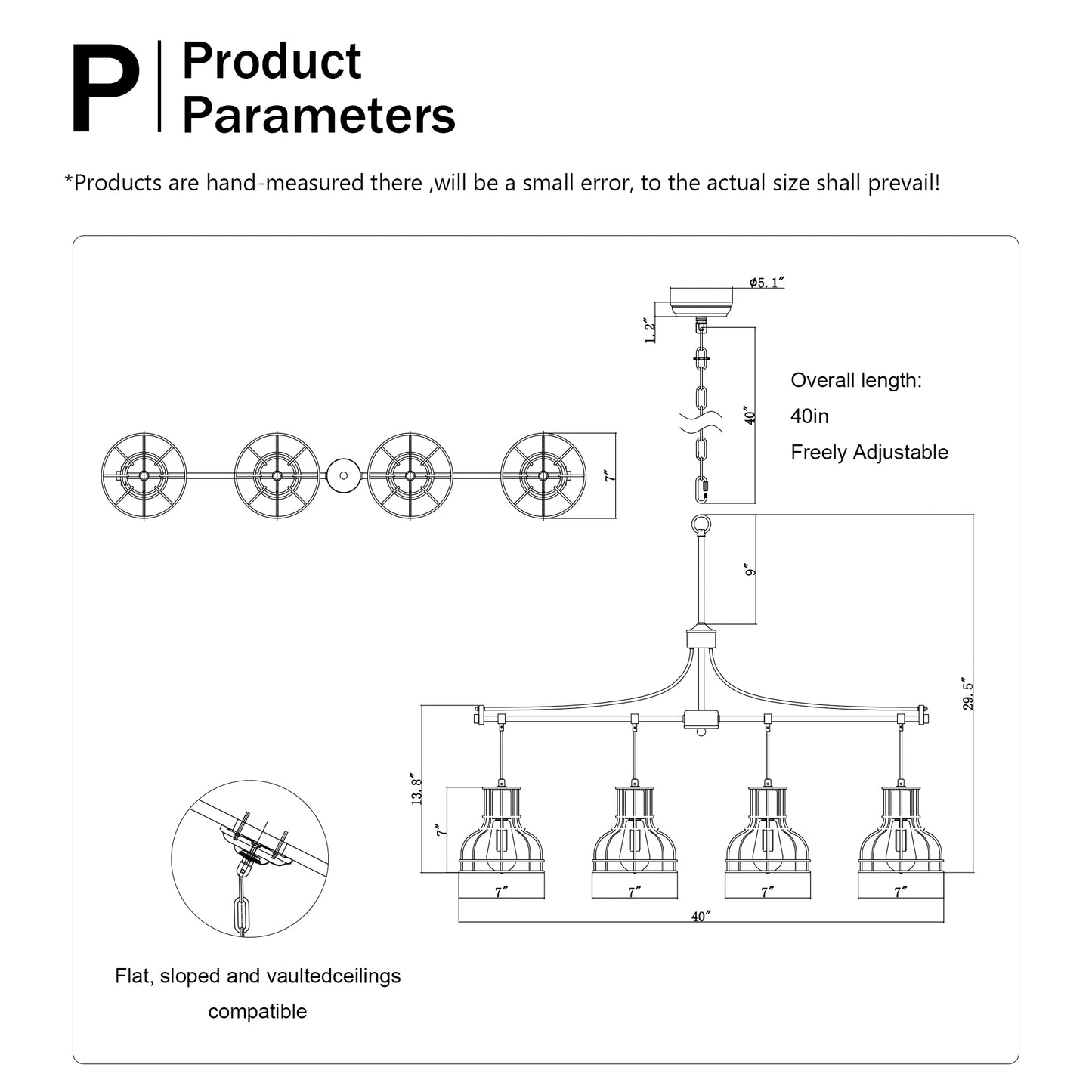 40-Inch Linear 4-Light Farmhouse Chandelier for Island, Metal Shade, Adjustable, Matte Black & Matte Gold