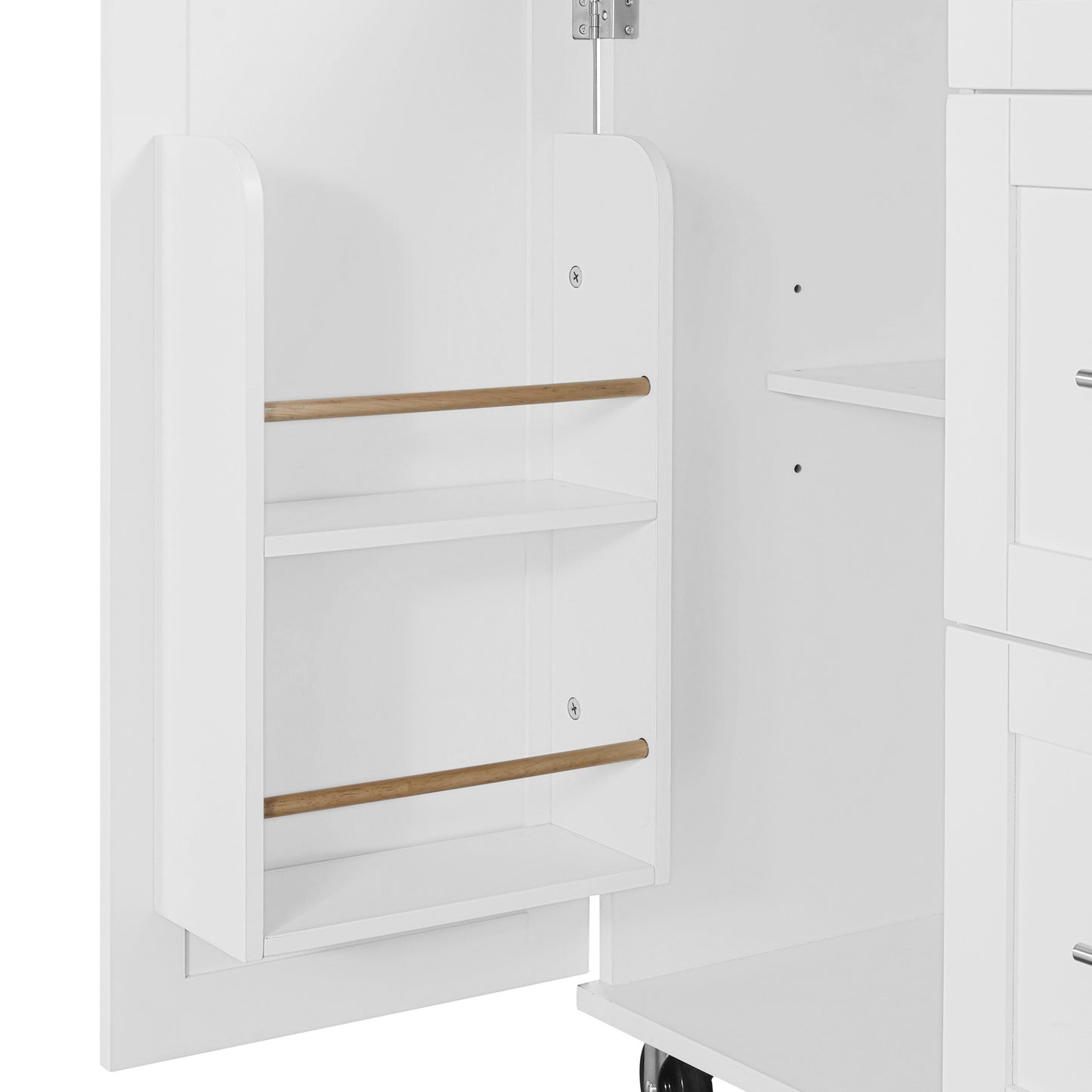 K&K Multi-Function Rolling Kitchen Cart with Storage, Rubber Wood Top, 3 Drawers, 2 Slide-Out Shelves, and Spice Rack, White