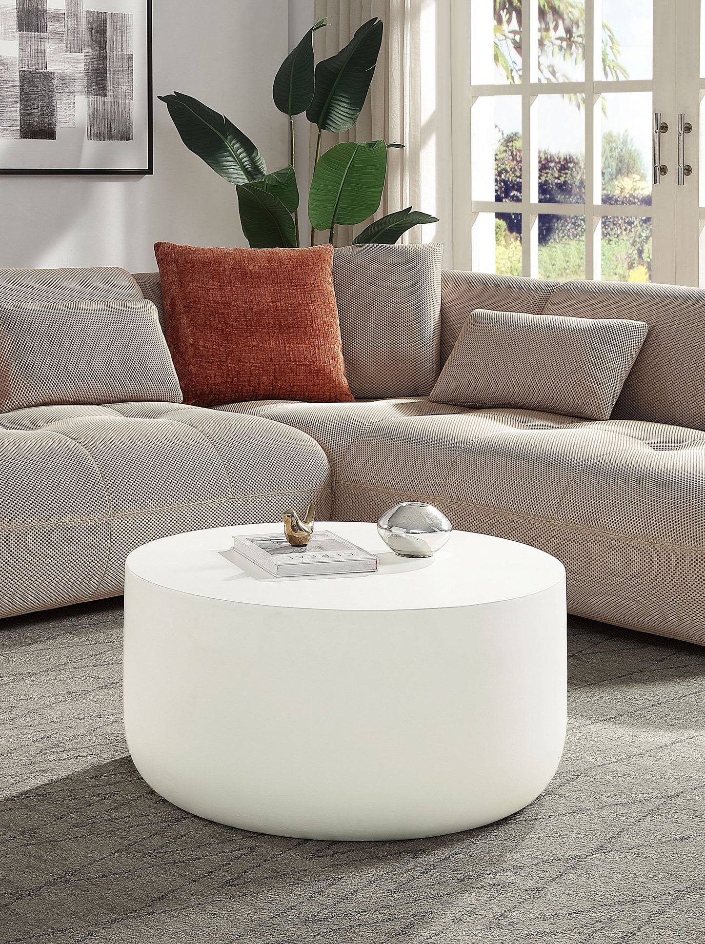Round 31-Inch Coffee Table, Faux Concrete Top, Synthetic Wood Frame, 16-Inch Height Natural White Finish