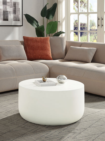 Round 31-Inch Coffee Table, Faux Concrete Top, Synthetic Wood Frame, 16-Inch Height Natural White Finish