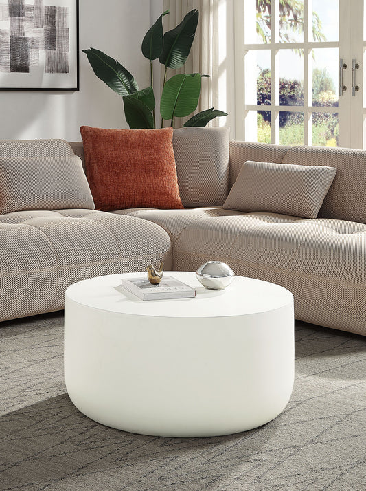Round 31-Inch Coffee Table, Faux Concrete Top, Synthetic Wood Frame, 16-Inch Height Natural White Finish