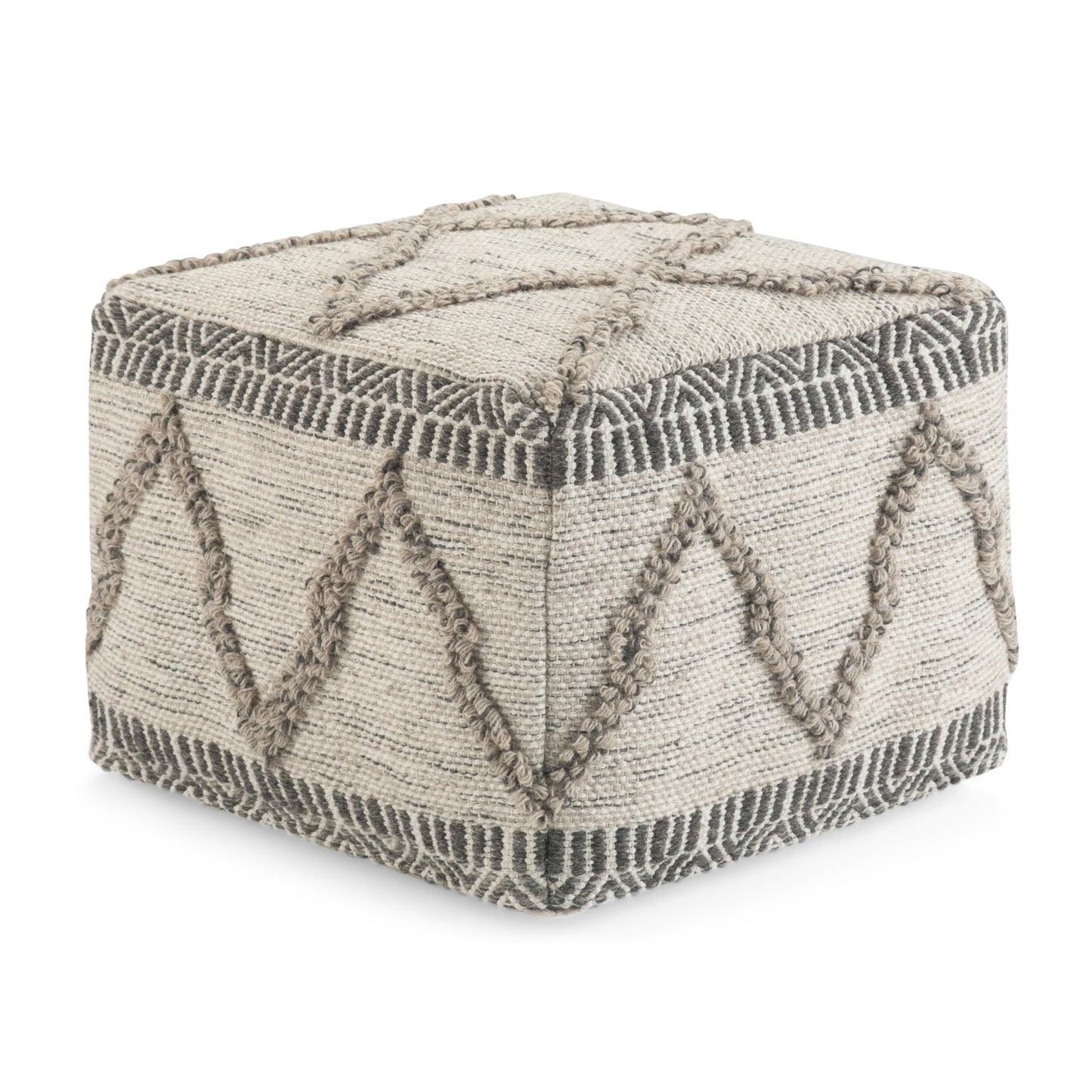 Square Pouf, 18in, Handwoven Wool-Cotton, Dense Bead Fill, Living Room Use, Assembled, Grey and Natural