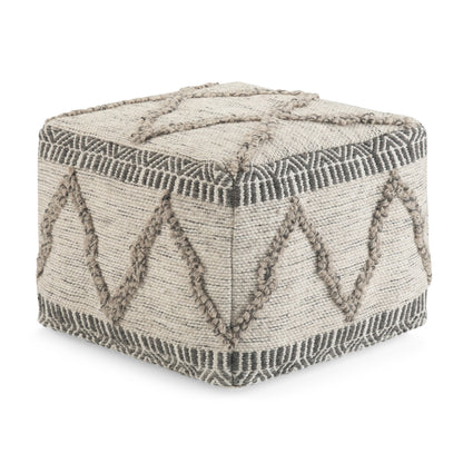 Square Pouf, 18in, Handwoven Wool-Cotton, Dense Bead Fill, Living Room Use, Assembled, Grey and Natural