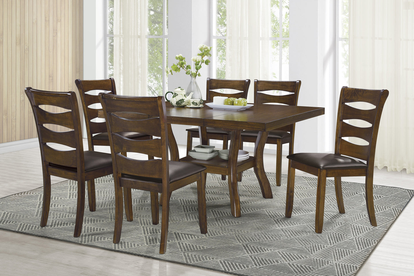 Set of 2 Transitional Wooden Dining Room Side Chairs, Wood Frame, Faux Leather Seats, Brown Finish
