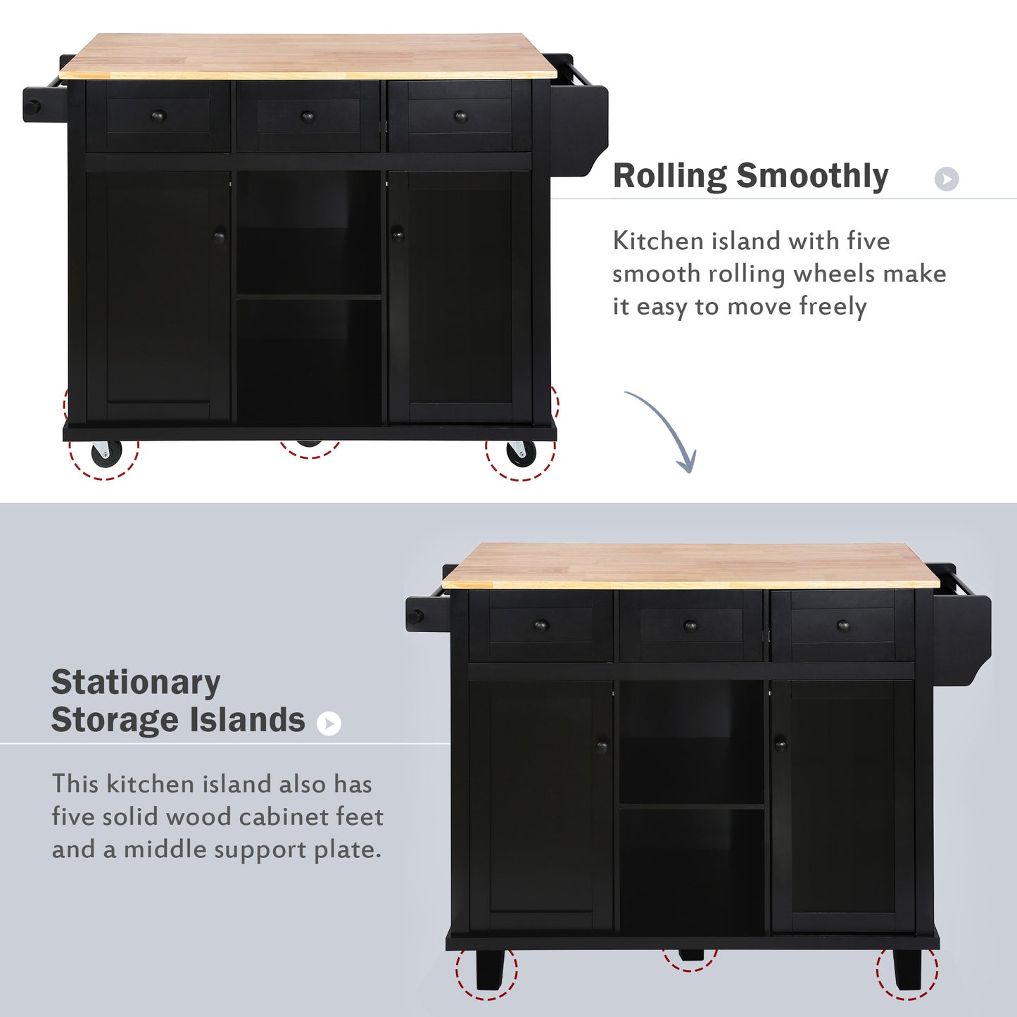 Black Kitchen Island Cart with Drop-Leaf Rubber Wood Top, Storage Cabinet, and Rolling Wheels