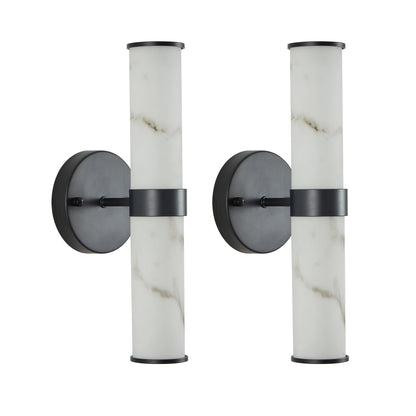 2-Pack Faux Marble Resin Wall Sconces – Indoor Hallway, Bathroom, Bedroom Lighting, Black Iron Finish