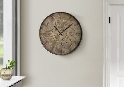 20-Inch Round Wall Clock with Gear-Print Design, Glass Face, Quartz Movement, Transitional Style Brown