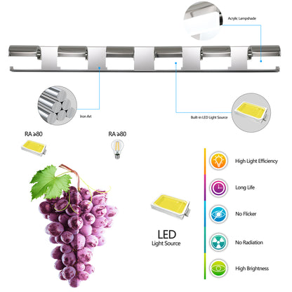 46.5-Inch LED 6-Light Vanity Light for Bathroom Over-Mirror Wall Mount, Stainless Steel & Acrylic Chrome