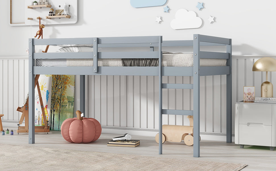 Grey Solid Rubber Wood Twin Loft Bed with Ladder and Sturdy Slat Support