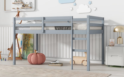 Grey Solid Rubber Wood Twin Loft Bed with Ladder and Sturdy Slat Support