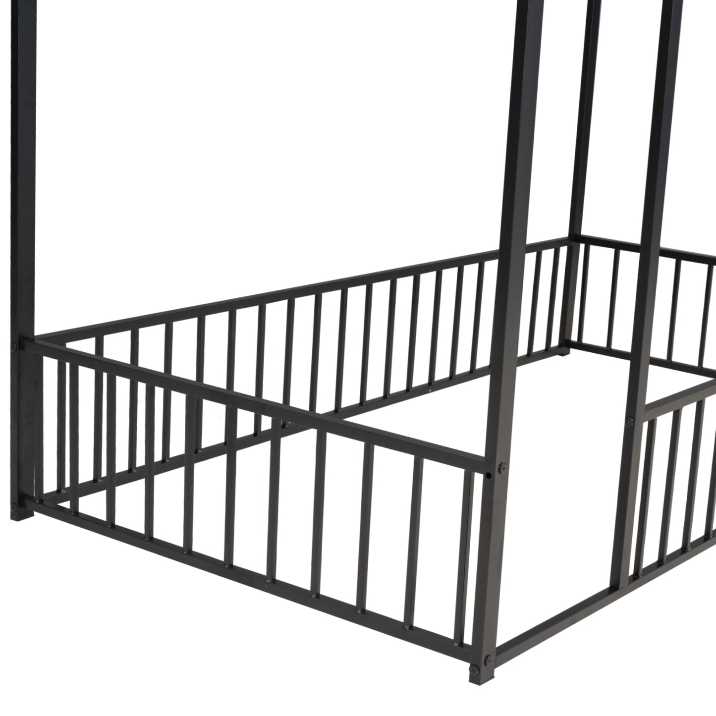 Twin Size Black Metal House Bed Frame with Playful Roof and Fence for Kids and Teens