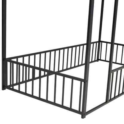 Twin Size Black Metal House Bed Frame with Playful Roof and Fence for Kids and Teens