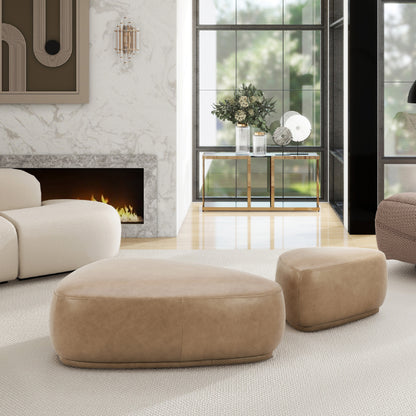 44-Inch Rounded Triangle Cocktail Ottoman - Top Grain Leather, Cushioned, Accent Tuscan Tan Brown
