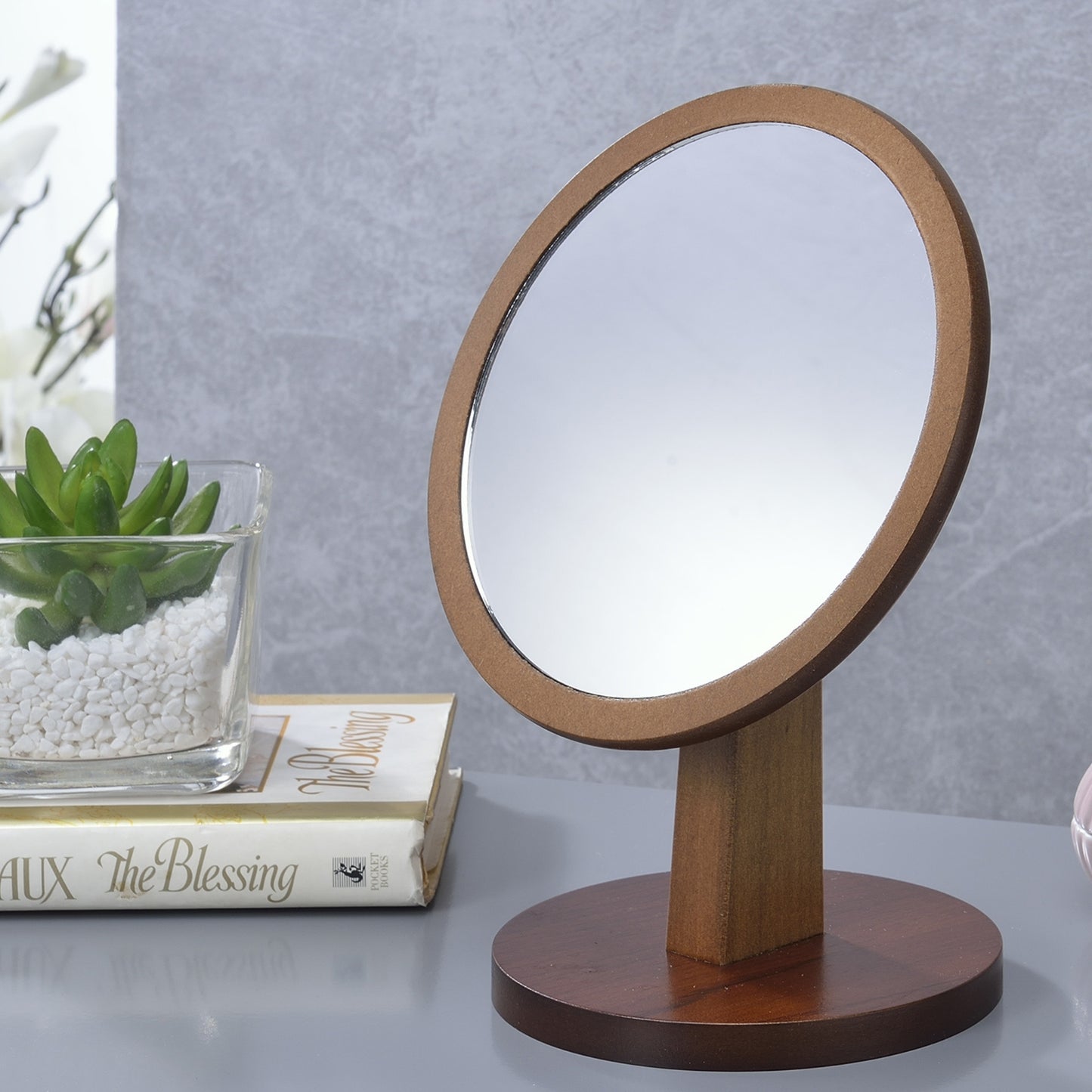 Walnut-Finished 9.5" Tall Dual-Material Makeup Mirror on Pedestal
