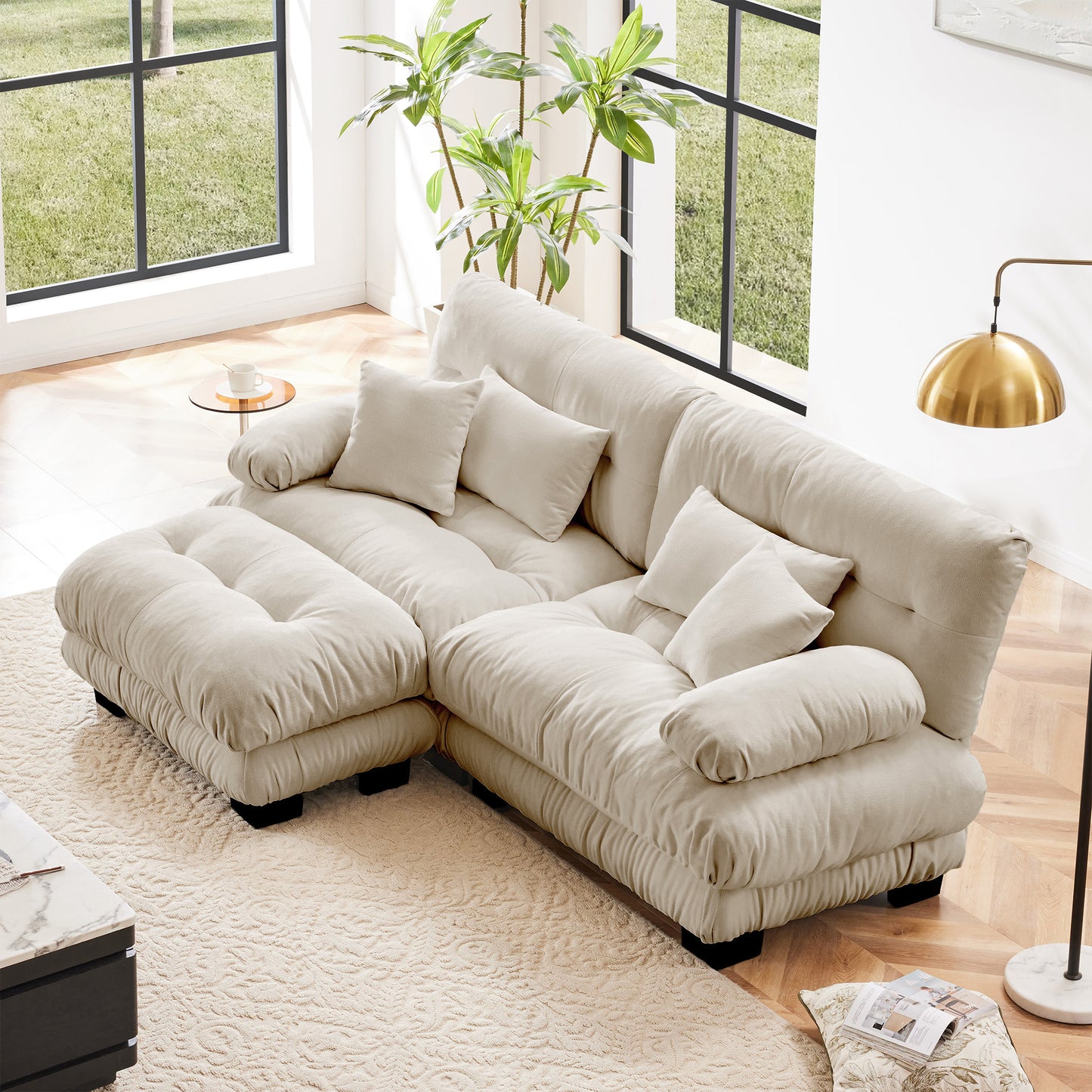Sectional Chenille Sofa with Convertible Ottoman, 2 Lumbar & 2 Throw Pillows, Wide-Arm Light Coffee