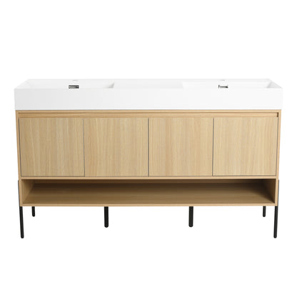 60-Inch Modern Oak Bathroom Vanity Set with Single Resin Sink and 4-Door Storage Cabinet