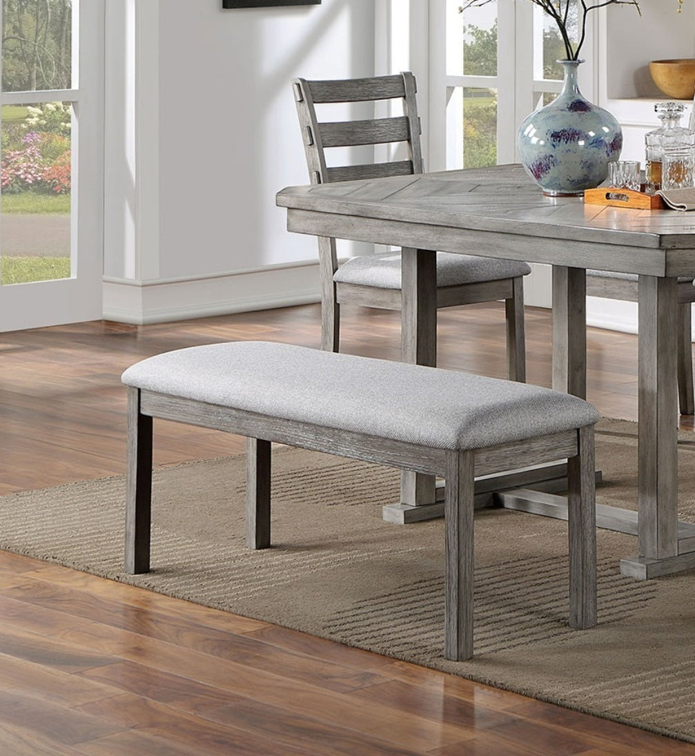 Dining Room Bench with Padded Fabric Seat Rubberwood Frame Rustic Modern Transitional Style 45in Gray