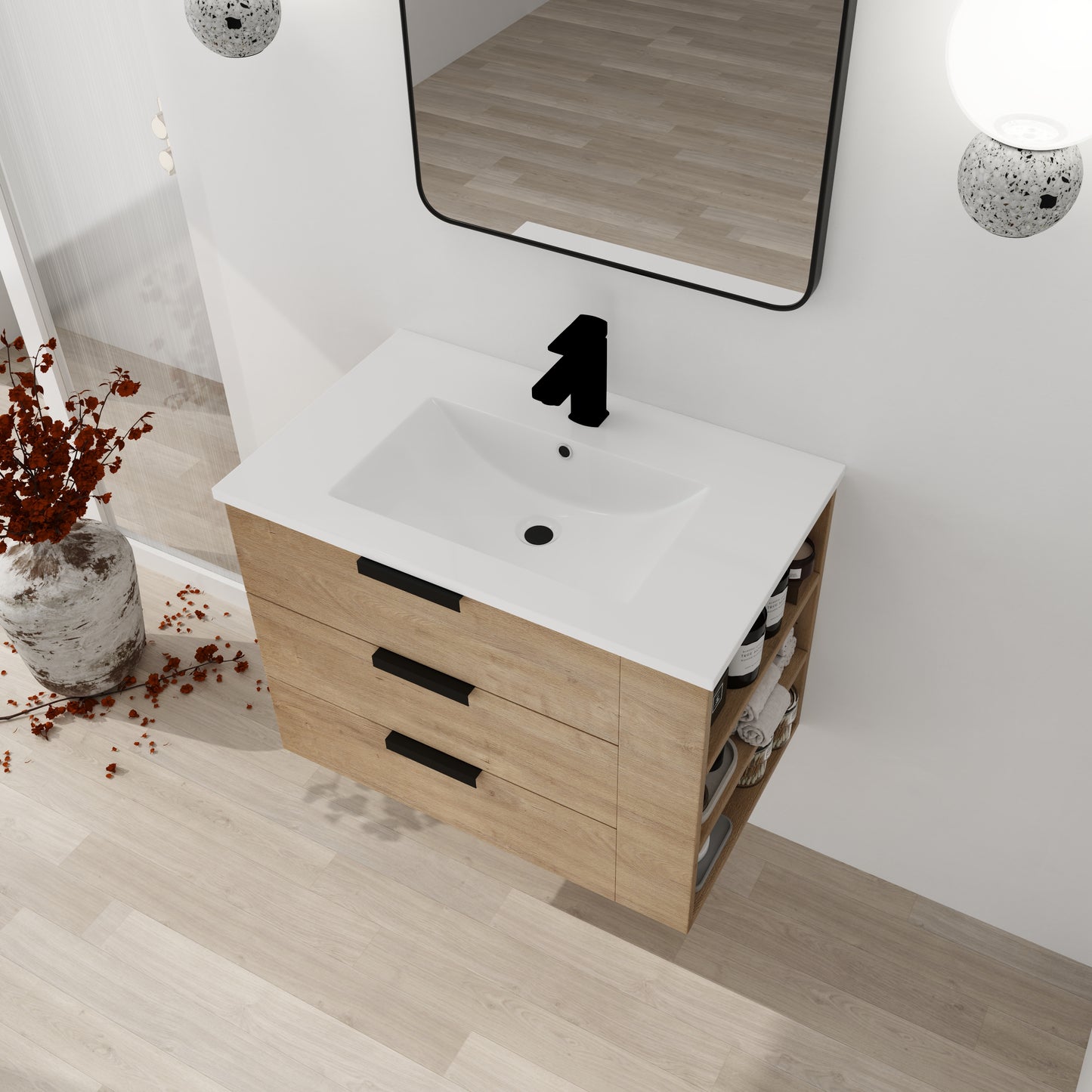 30-Inch Modern Wall-Mounted Bathroom Vanity with Soft Close Drawers and Adjustable Side Shelf
