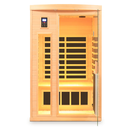 Two-Person Hemlock Far-Infrared Sauna with FrontDoor Heating Panel, Low EMF, LCD, Bluetooth, Natural