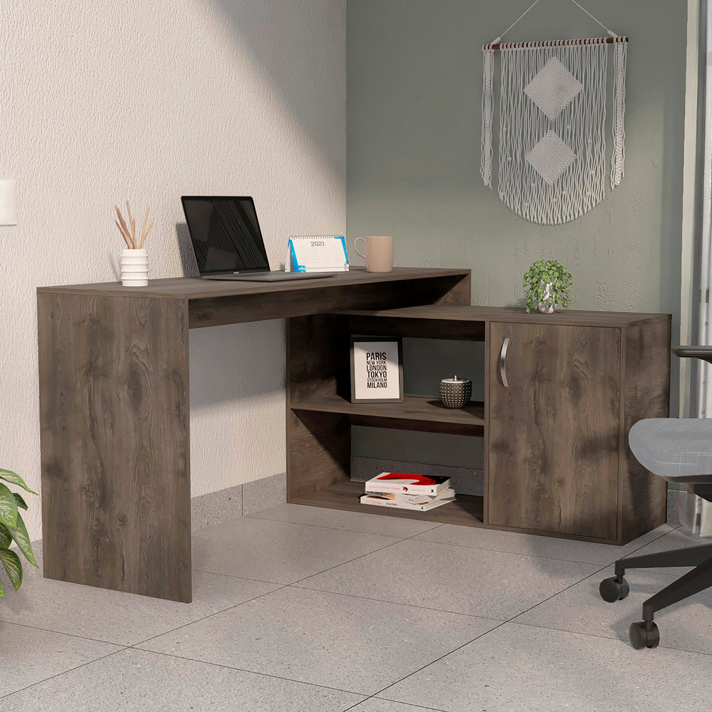 Dark Brown L-Shaped Writing Desk with Two Shelves and Storage Cabinet